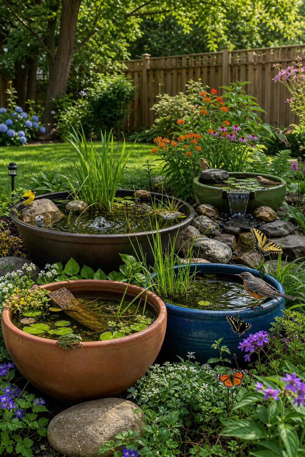 A backyard garden with several container ponds surrounded by plants, flowers, and wildlife like birds and butterflies.