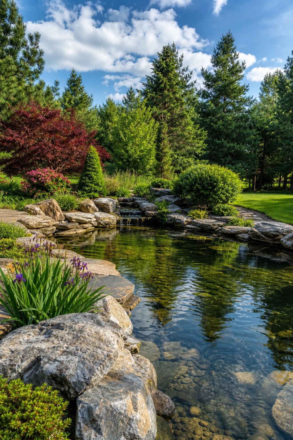 A backyard pond with natural stone and irregular rock edging surrounded by green plants and trees.