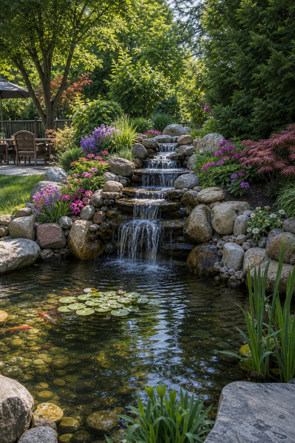 A backyard pond with a cascading rock waterfall surrounded by green plants and flowers.