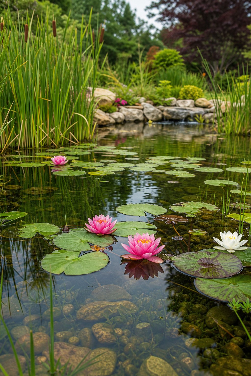 A backyard pond with water lilies, marginal plants, and shallow shelves beneath clear water.