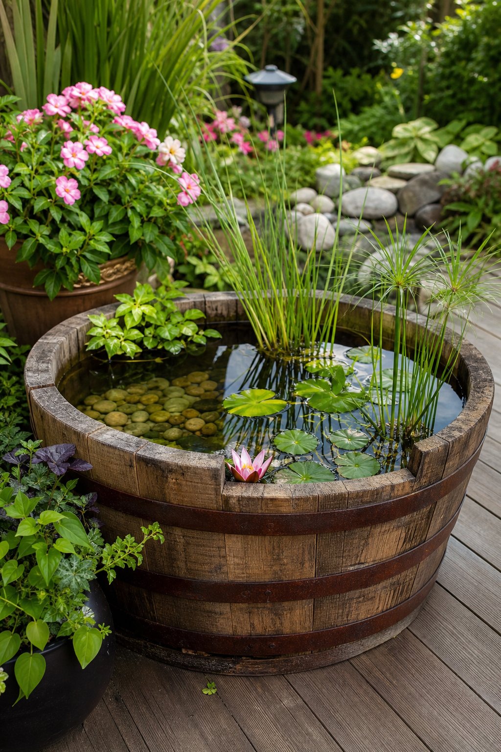 A half whiskey barrel used as a small backyard pond filled with water and aquatic plants on a patio surrounded by greenery.