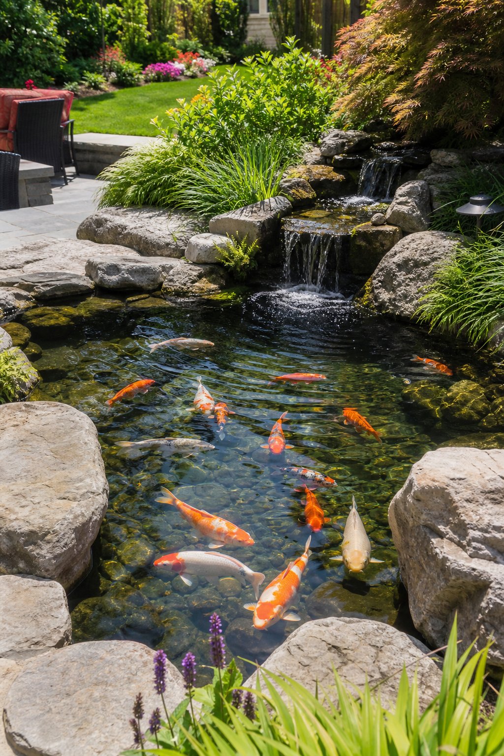 A backyard koi pond with clear water, colorful koi fish, natural stones, green plants, and a biological filter system.