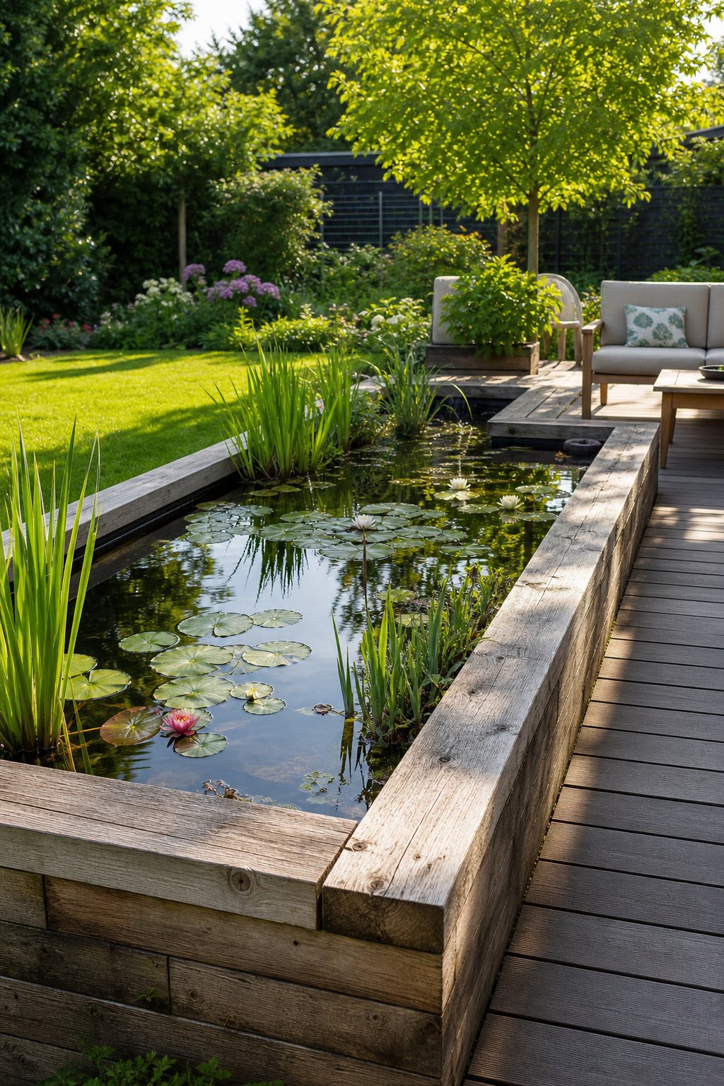 A backyard with a raised wooden pond next to a wooden deck and outdoor seating surrounded by plants and greenery.