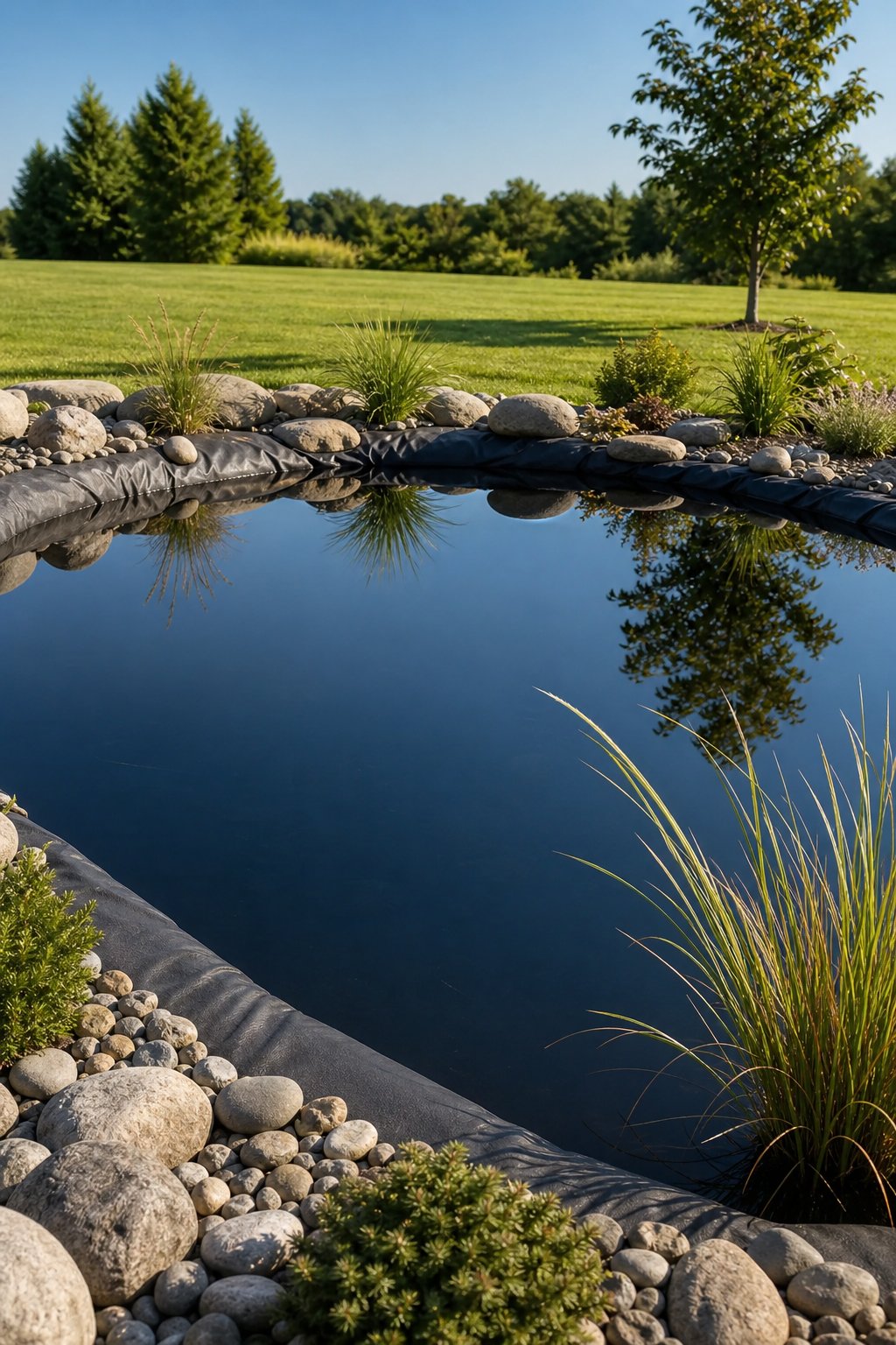 A backyard reflecting pond with a black liner surrounded by minimal plants and smooth stones.