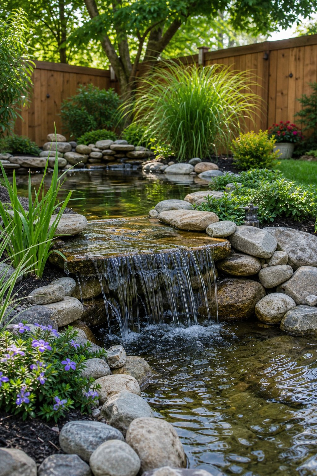 A backyard corner pond with a small stone spillway waterfall surrounded by green plants and rocks.