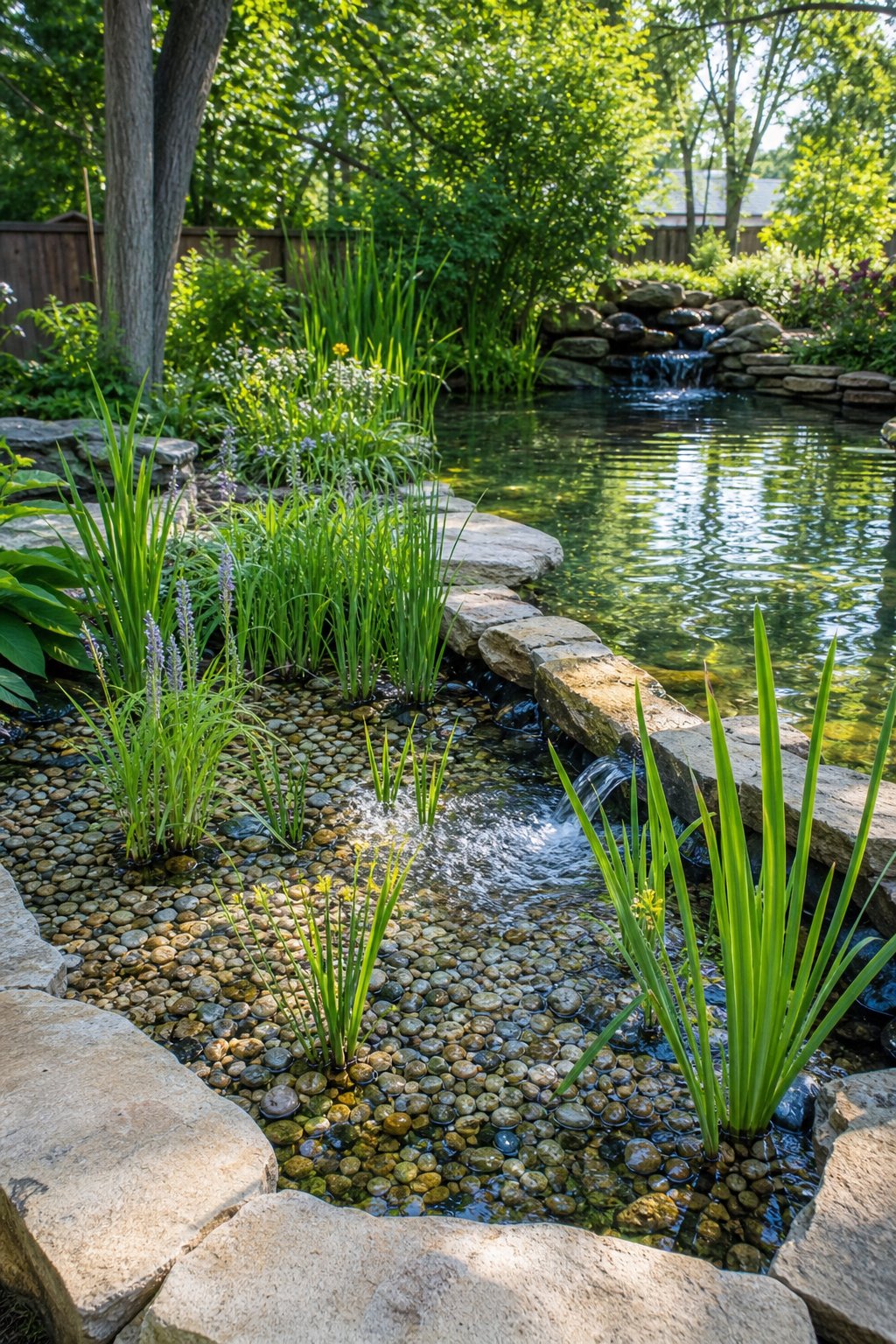 A backyard pond with clear water flowing through a gravel bog filter surrounded by green plants and natural landscaping.