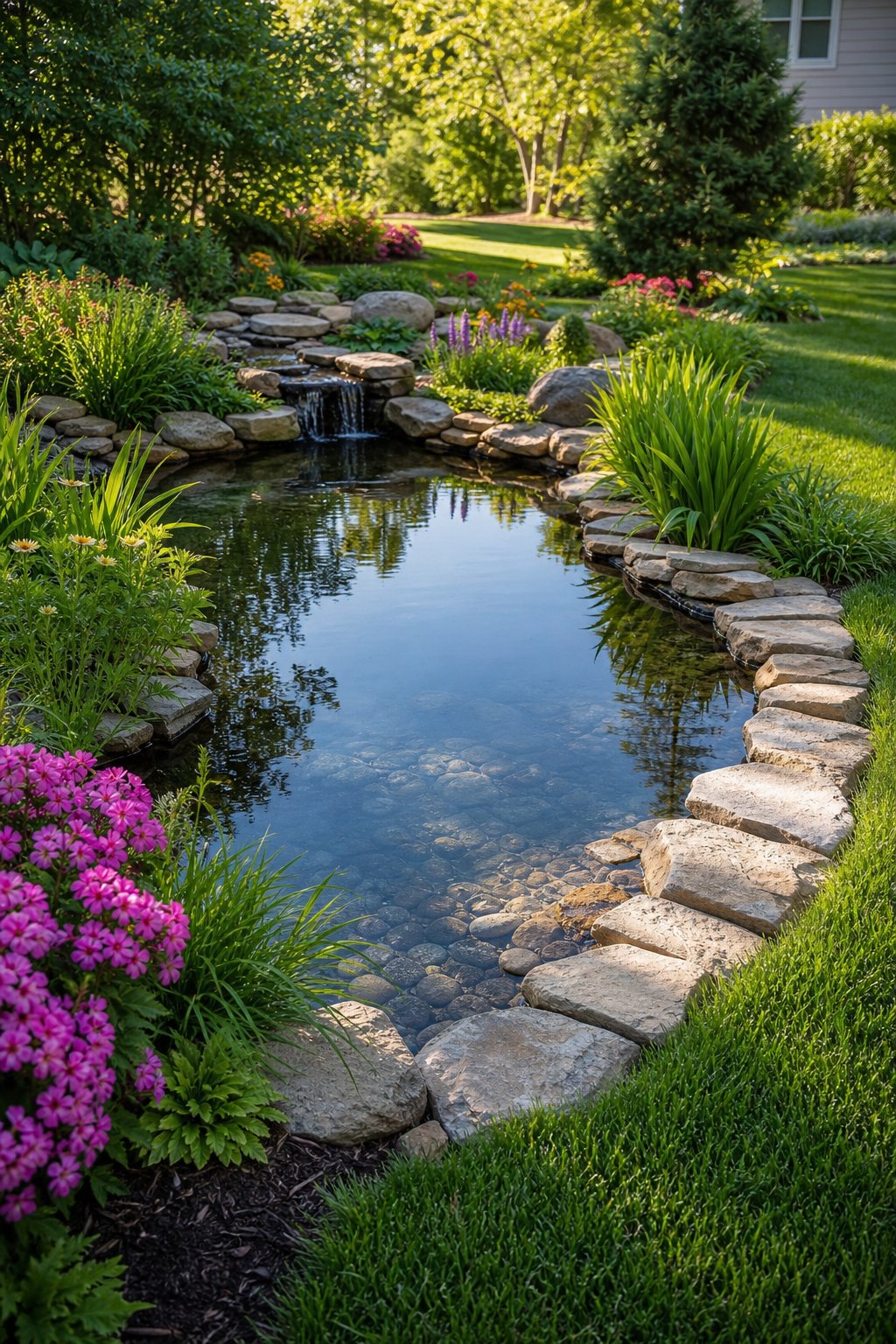 Small backyard front yard pond with a curved stone border surrounded by grass and plants.