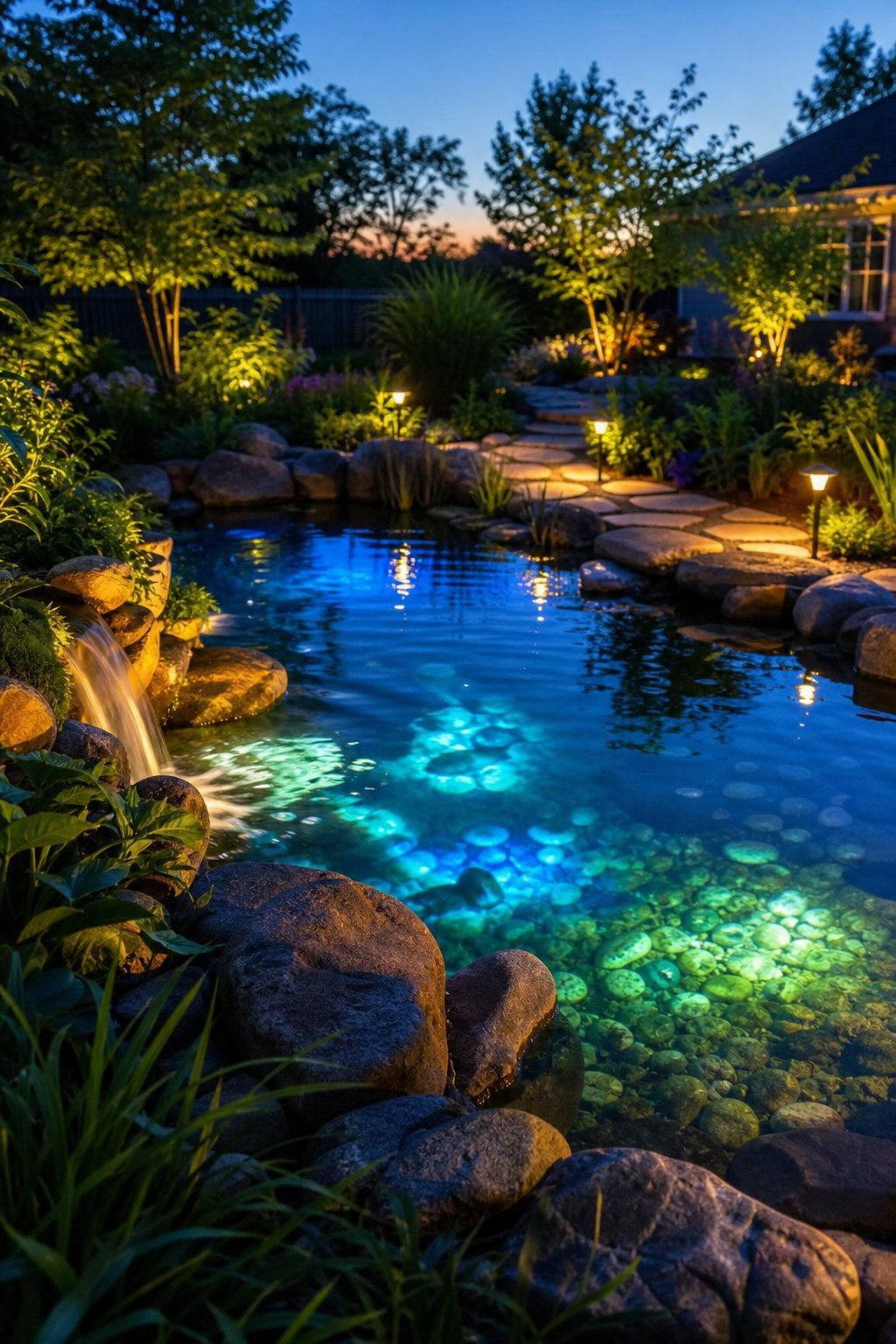 A backyard pond at dusk with underwater LED lights glowing and solar path lights lining a garden walkway surrounded by plants and stones.