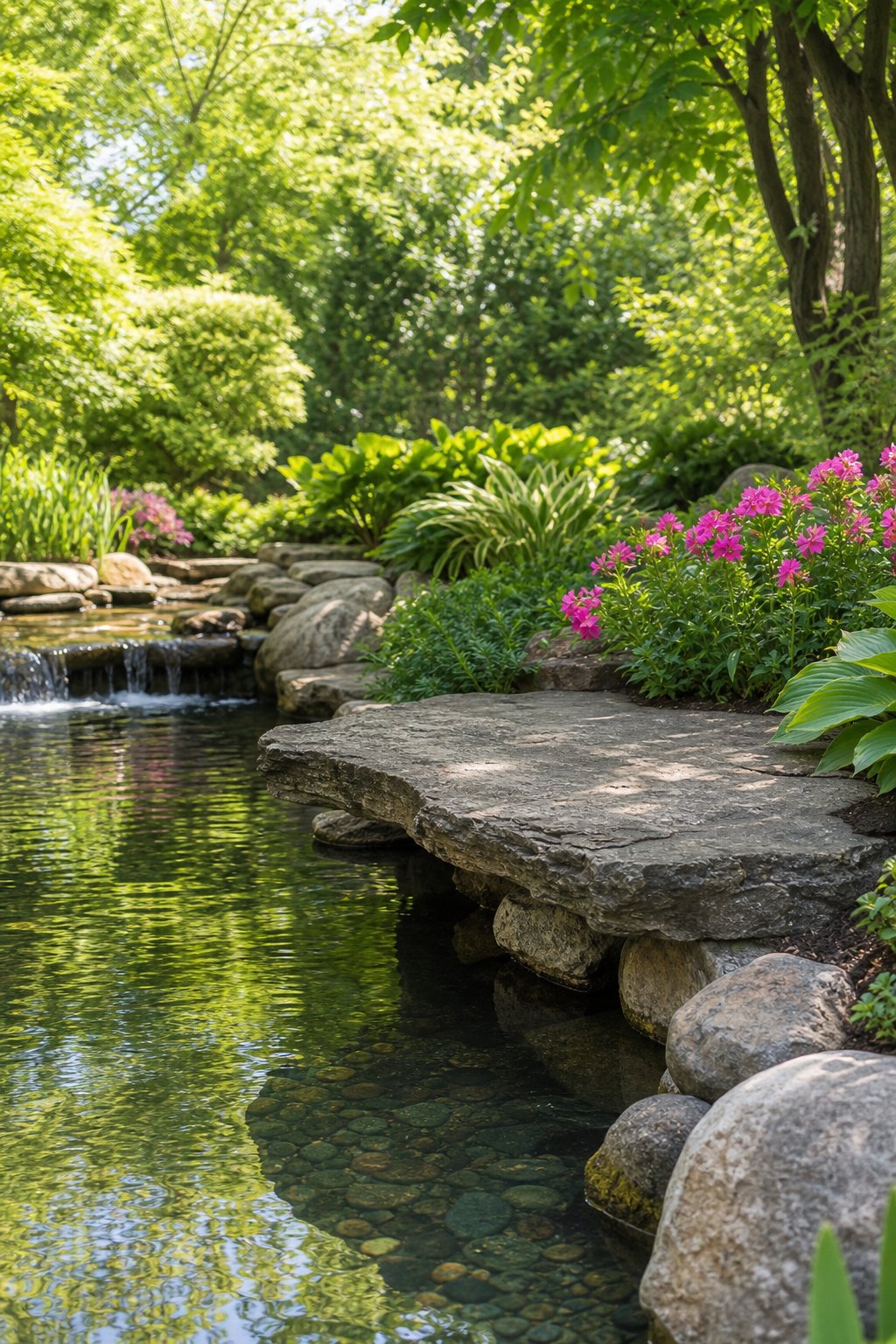 A backyard pond with a flat stone ledge surrounded by plants and rocks.