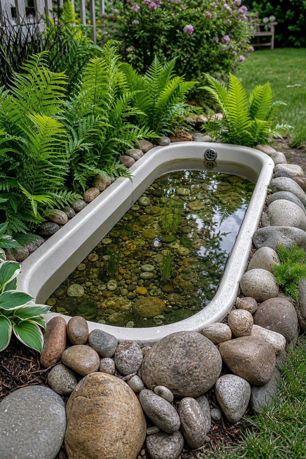 A backyard pond made from a recycled bathtub, surrounded by river rocks and green ferns.