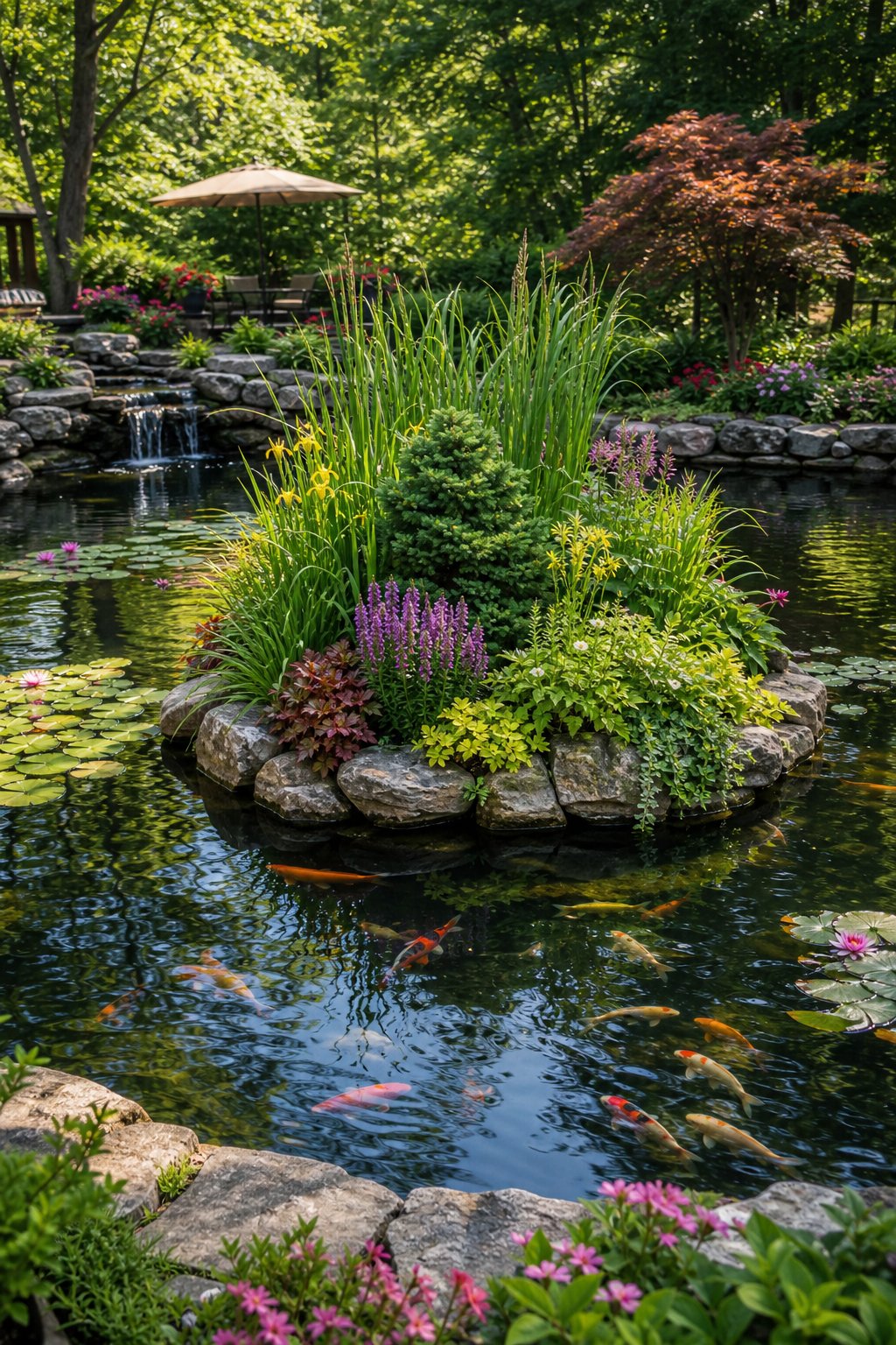 A large backyard garden pond with a central planting island surrounded by plants, trees, and clear water.