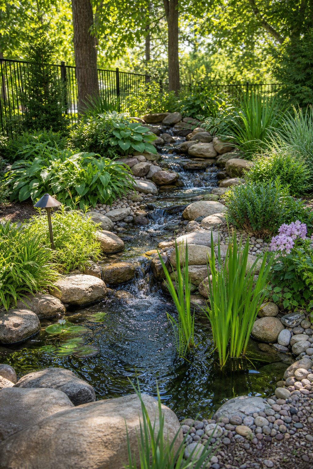 A backyard with a small pondless stream flowing into a catch basin pond surrounded by rocks and green plants.