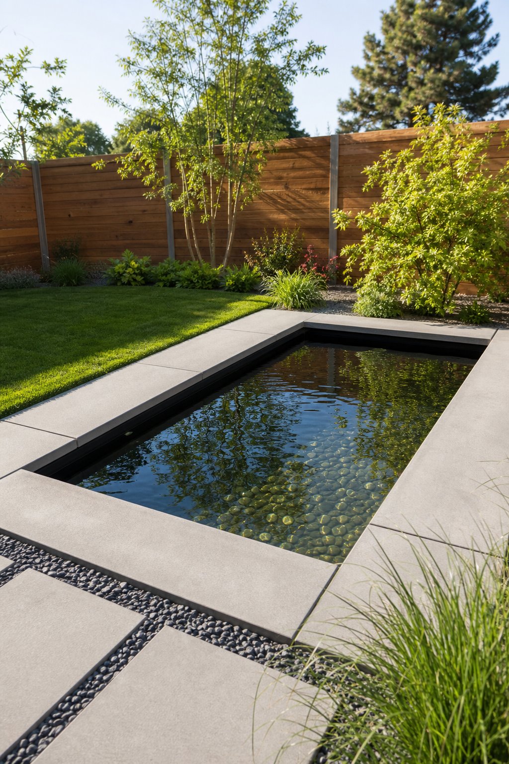 Rectangular backyard pond with clear water bordered by concrete pavers, surrounded by grass and plants.