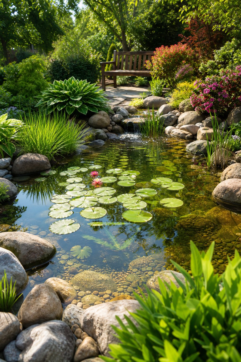 A backyard pond surrounded by green plants, stones, and a wooden bench in a garden setting.