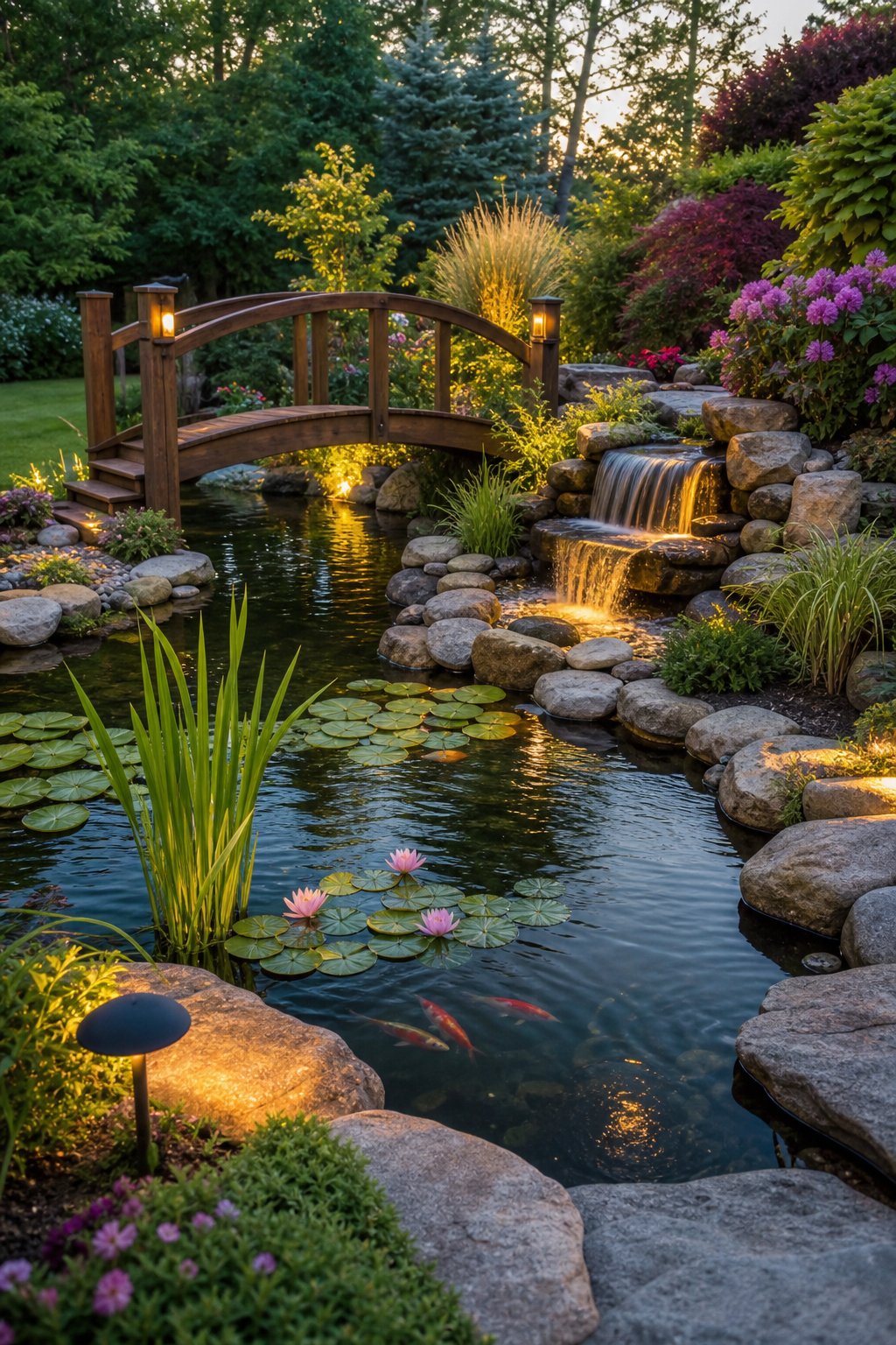 A backyard pond surrounded by stones, aquatic plants, a small wooden bridge, and garden greenery with a waterfall feature.