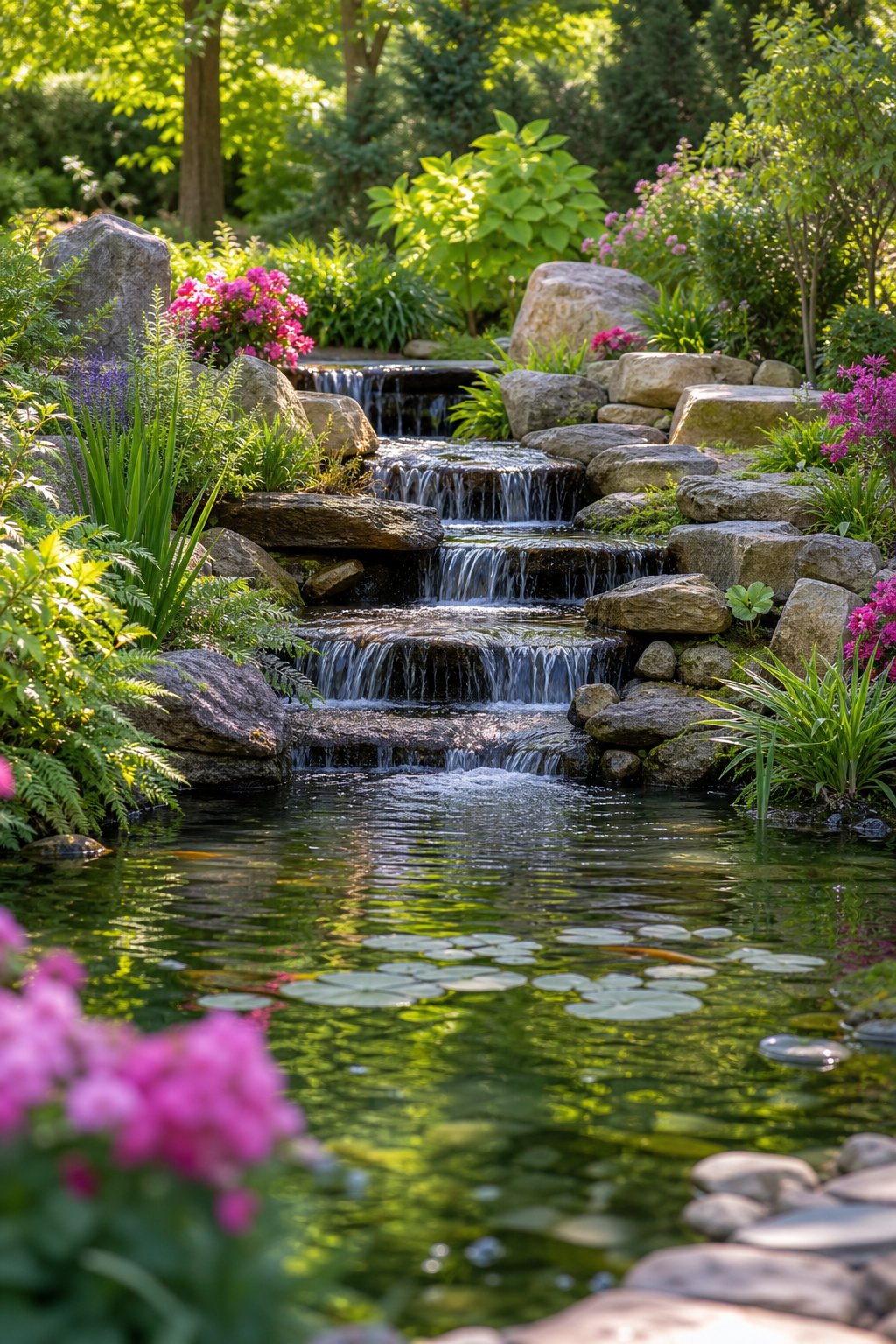 A backyard pond with a natural stone waterfall surrounded by green plants and flowers.