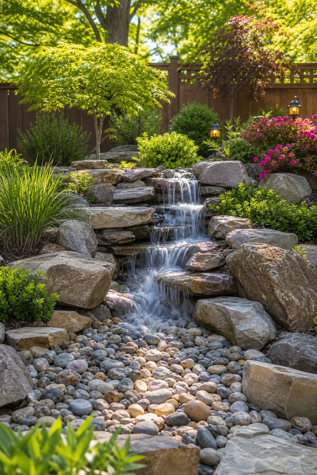 A backyard with a stone waterfall flowing over rocks surrounded by green plants and flowers, with no visible pond.