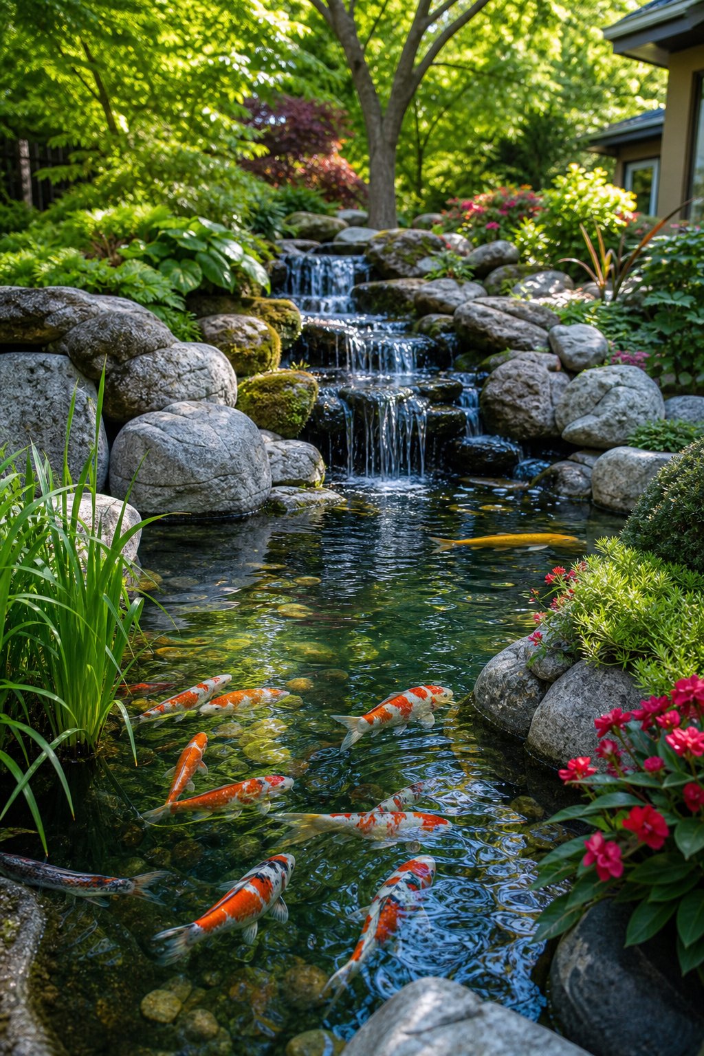 A small backyard koi pond with colorful fish and a gentle waterfall surrounded by green plants and stones.