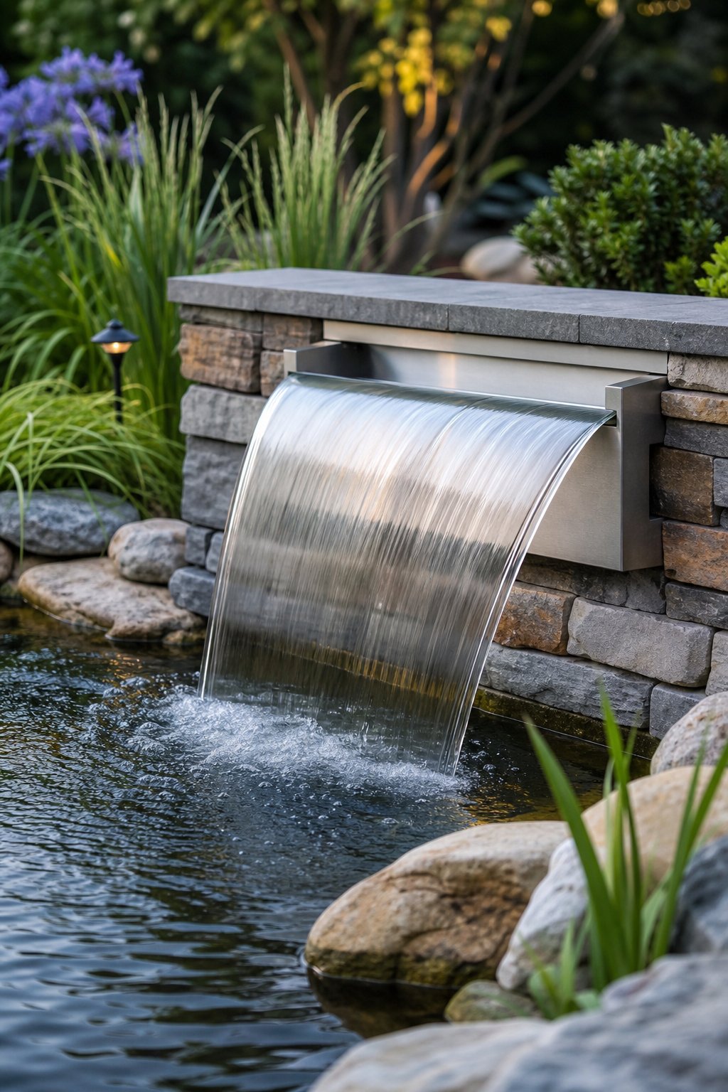A backyard pond with a stainless steel spillway waterfall surrounded by green plants and natural stone edging.