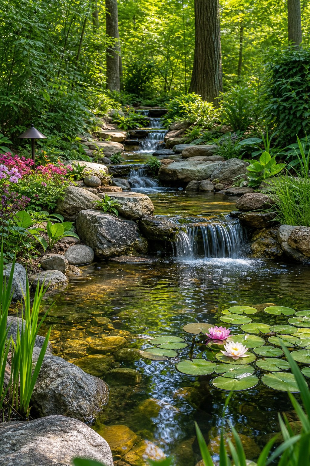 A backyard woodland pond with a small waterfall and a mini stream surrounded by trees and plants.