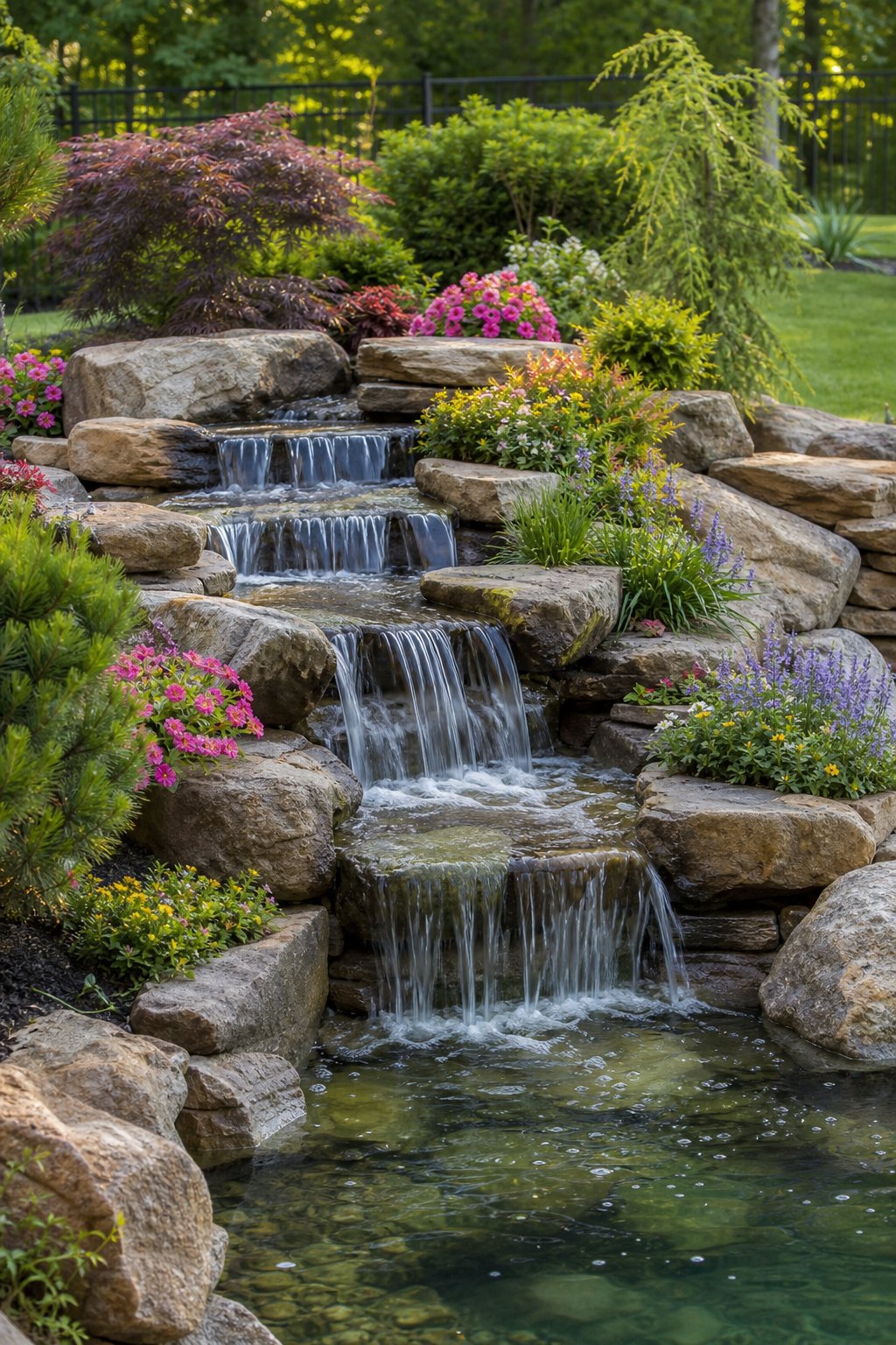 A backyard pond with a tiered rock waterfall and built-in planters filled with green plants and flowers.