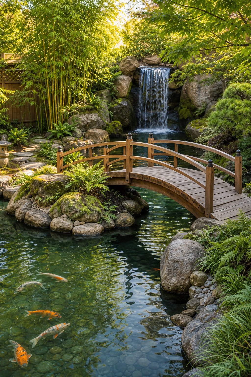 A backyard pond with a curved shape, a wooden arched bridge over the water, and a waterfall flowing into the pond surrounded by plants and rocks.