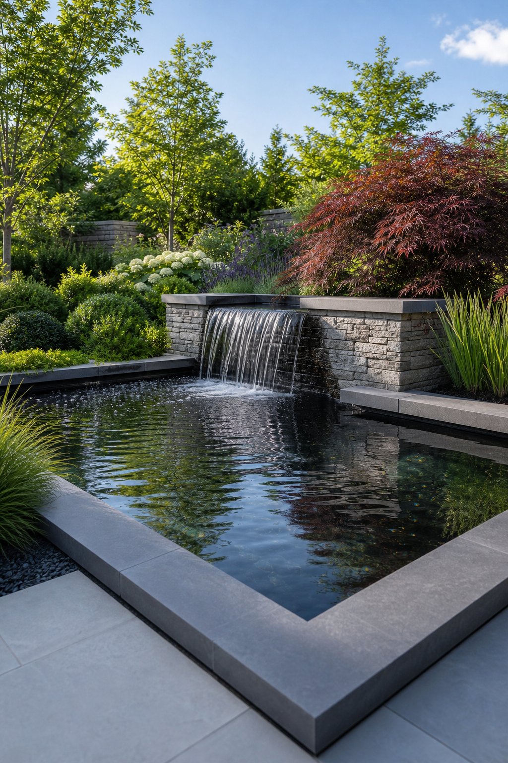 A backyard with an angular reflecting pond edged by gray stones and a small waterfall surrounded by plants.