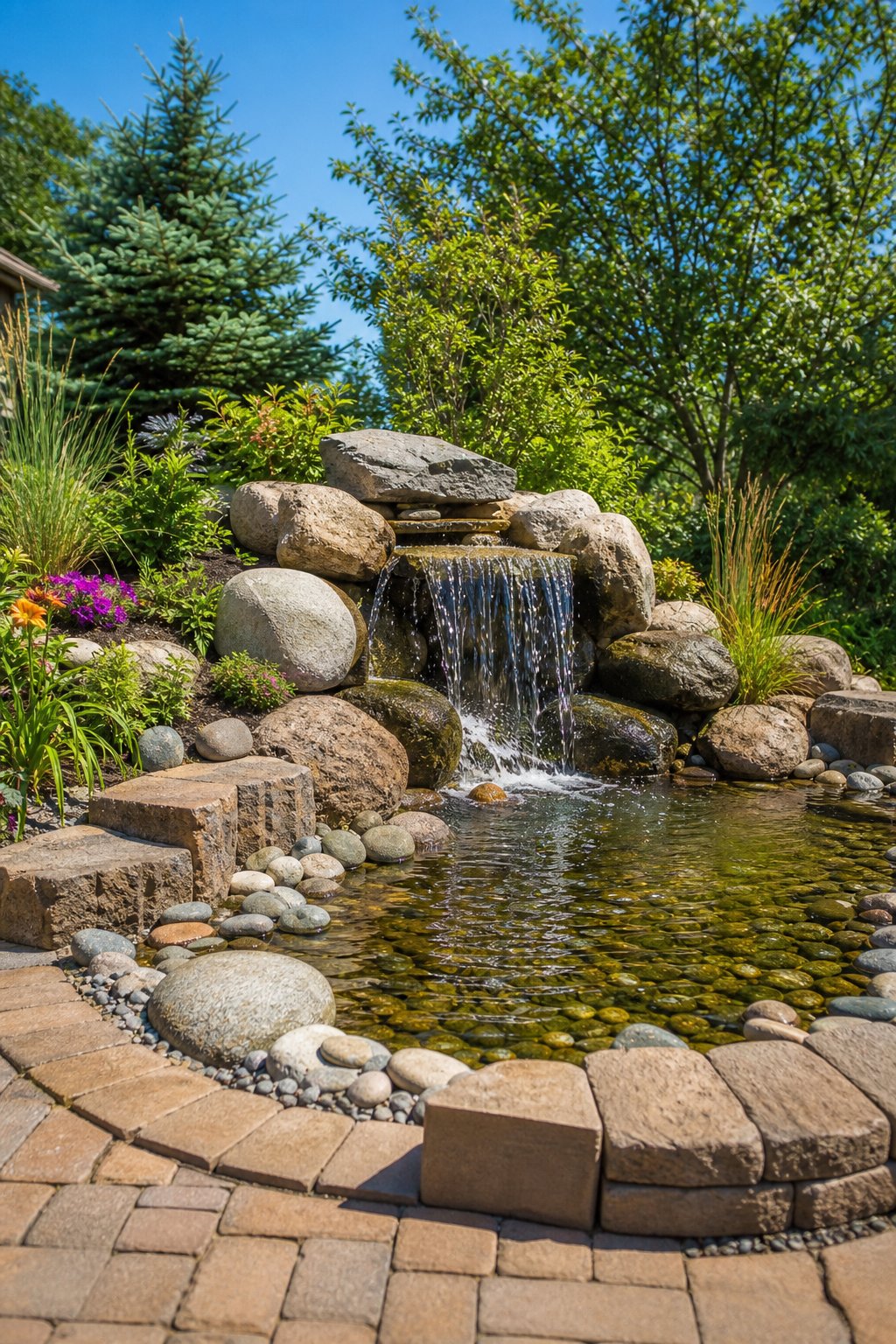 Backyard pond with a stone waterfall surrounded by pavers, plants, and stones.