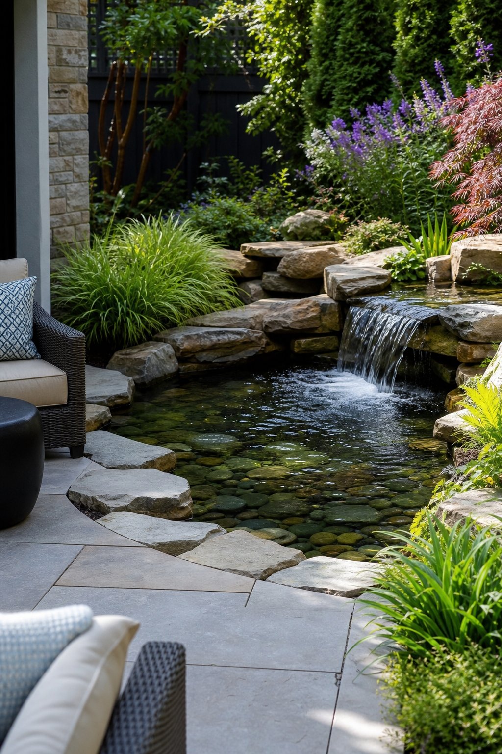 Backyard patio with a small plunge pond and a compact waterfall surrounded by plants and stone edging.