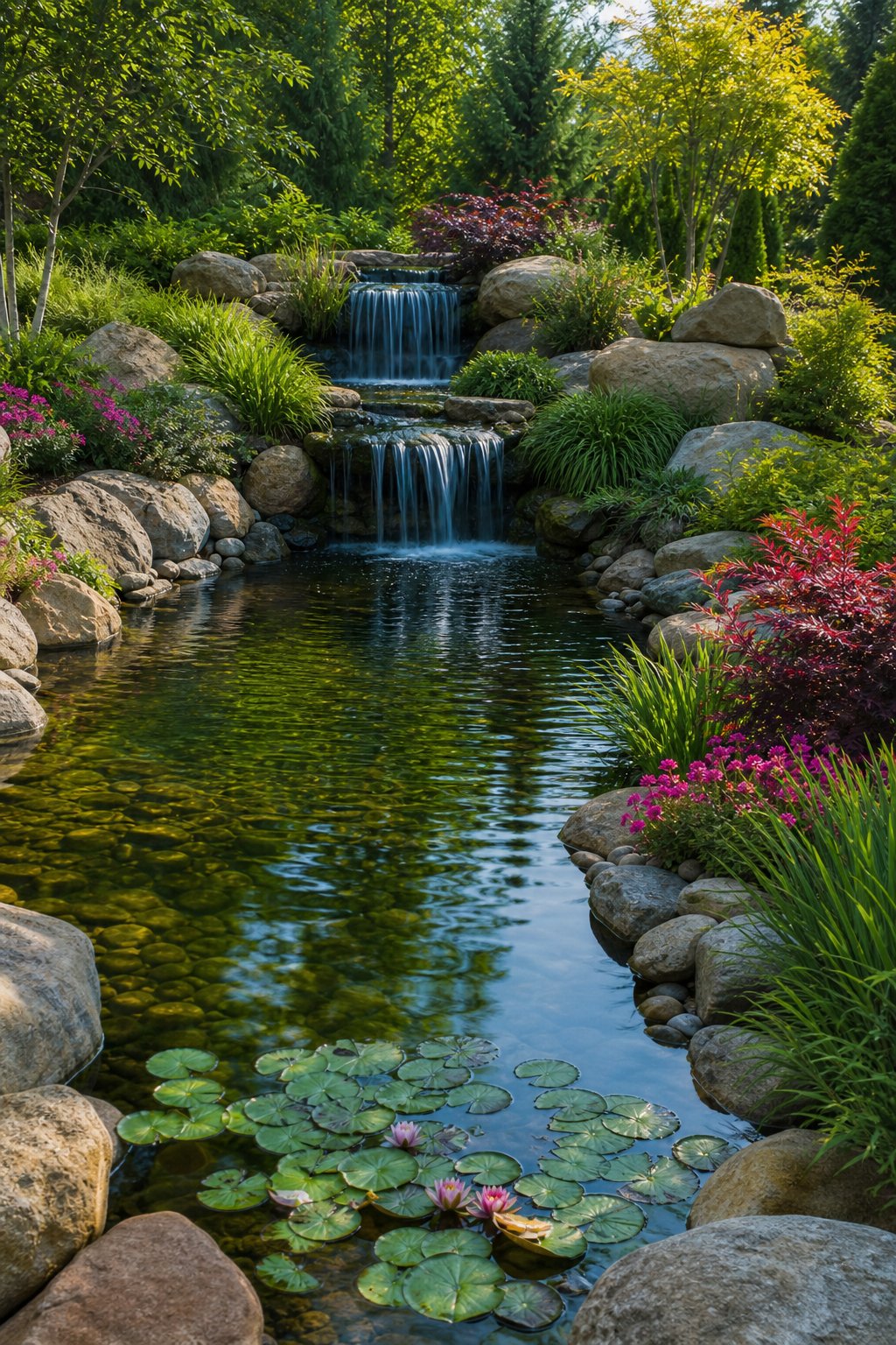 A large backyard pond with a waterfall surrounded by plants, rocks, and trees.