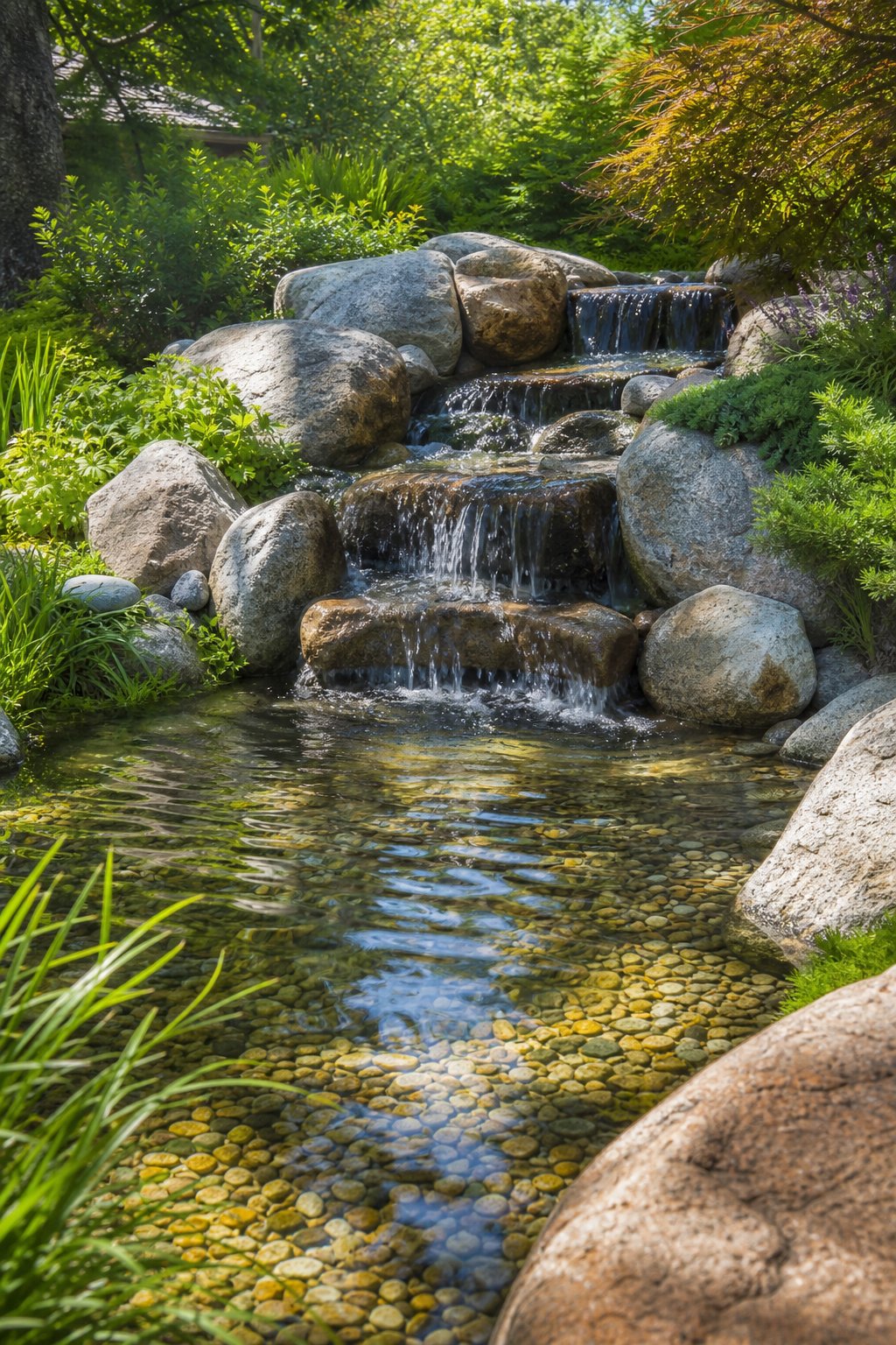A backyard pond with a gravel bottom and a natural boulder waterfall surrounded by green plants.