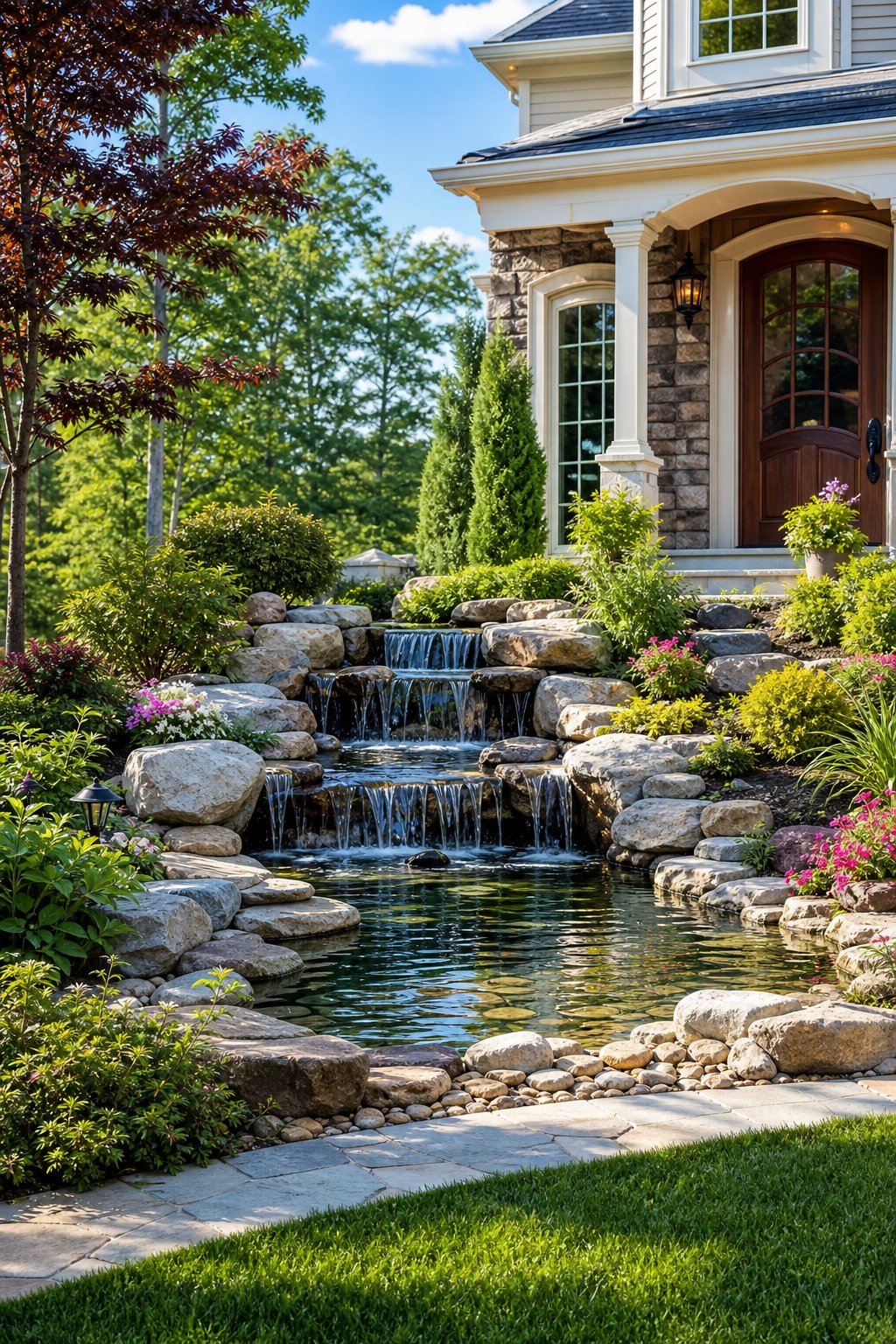 Front yard with a clear pond and a tiered waterfall surrounded by green grass, shrubs, and decorative rocks.