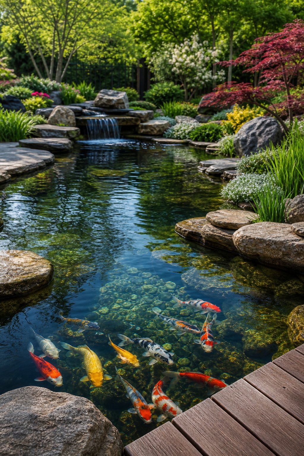 A large backyard koi pond with clear water, colorful koi fish, stone edges, and surrounding green plants.