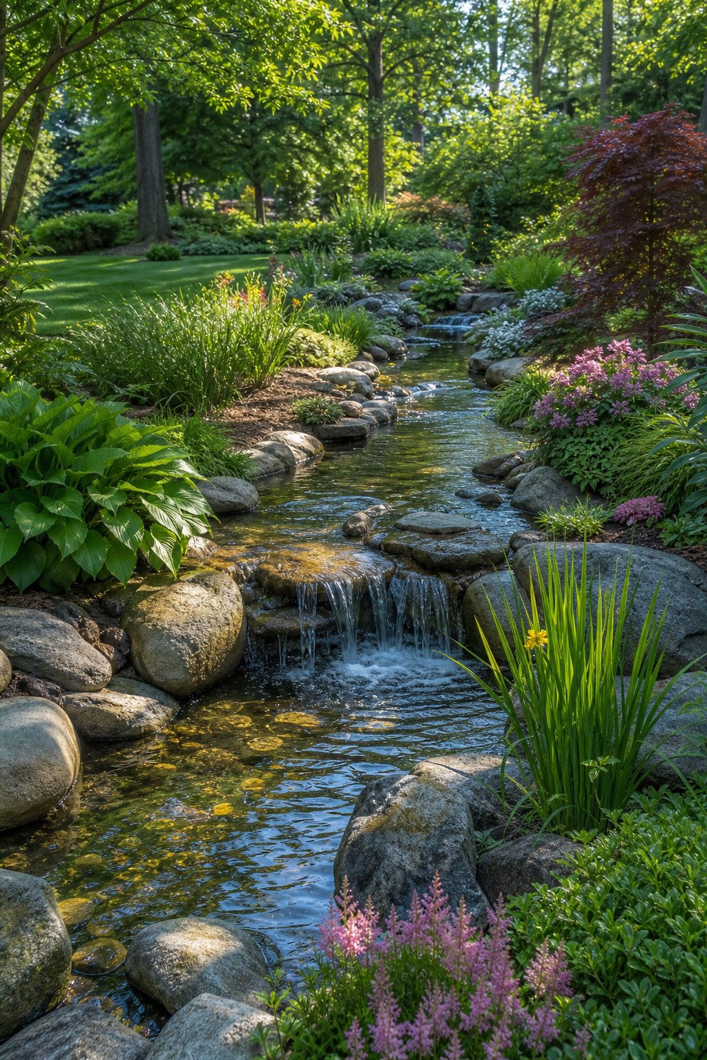 A large backyard pond with a winding stream and a small waterfall surrounded by plants and trees.