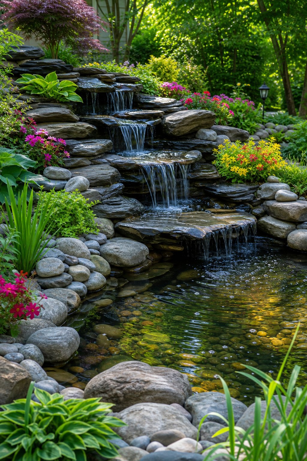 A corner garden pond with a stacked slate waterfall surrounded by plants and stones.