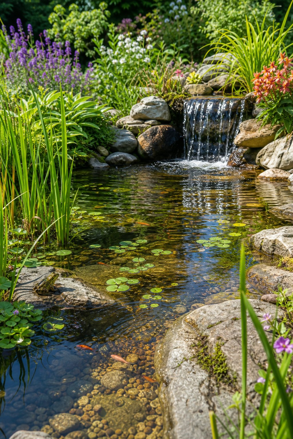 A backyard pond with a shallow shelf and a waterfall surrounded by green plants and flowers.