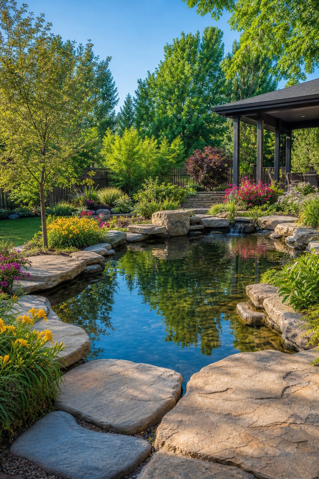 A backyard reflection pond bordered by natural stone pavers with plants and clear water reflecting the sky.