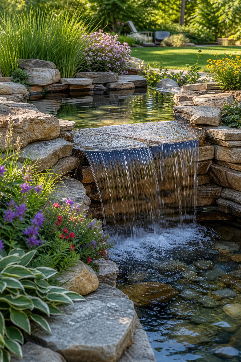 A raised stone pond with a smooth sheet-fall waterfall surrounded by plants and flowers in a backyard garden.