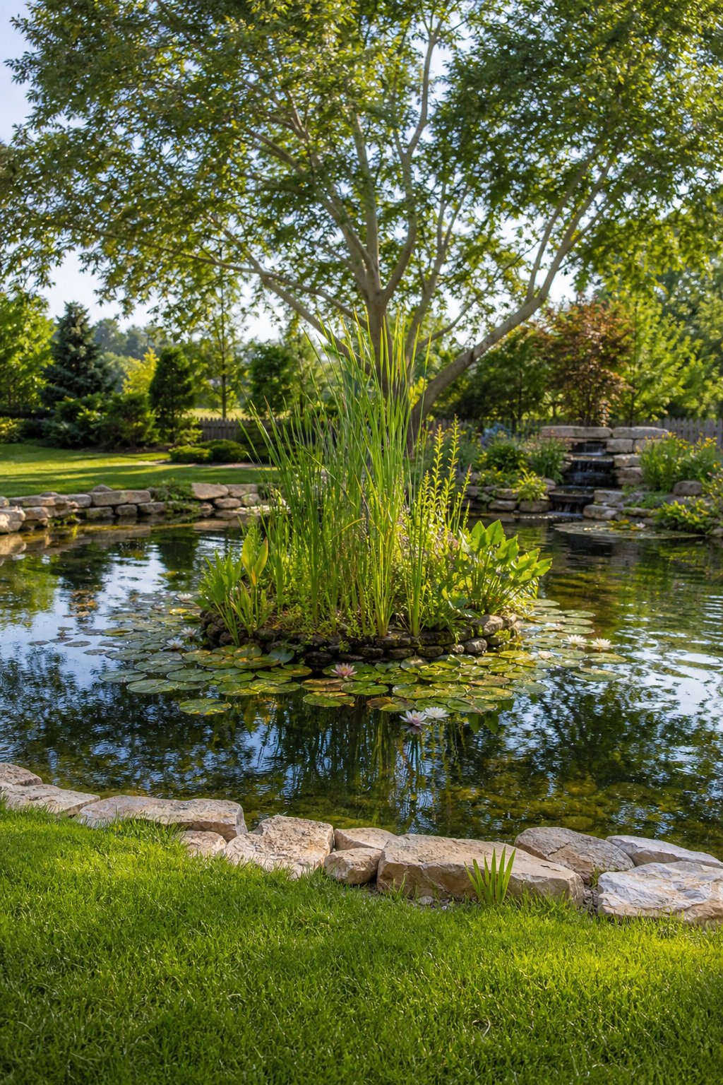 A large backyard pond with a central planting bed filled with aquatic plants, surrounded by grass, trees, and shrubs.