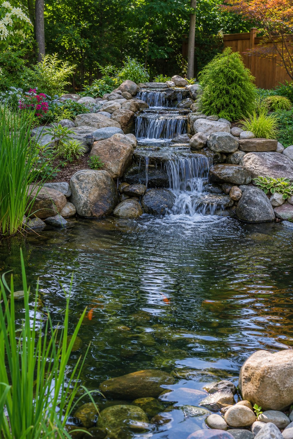 A backyard pond with a waterfall surrounded by plants and rocks.