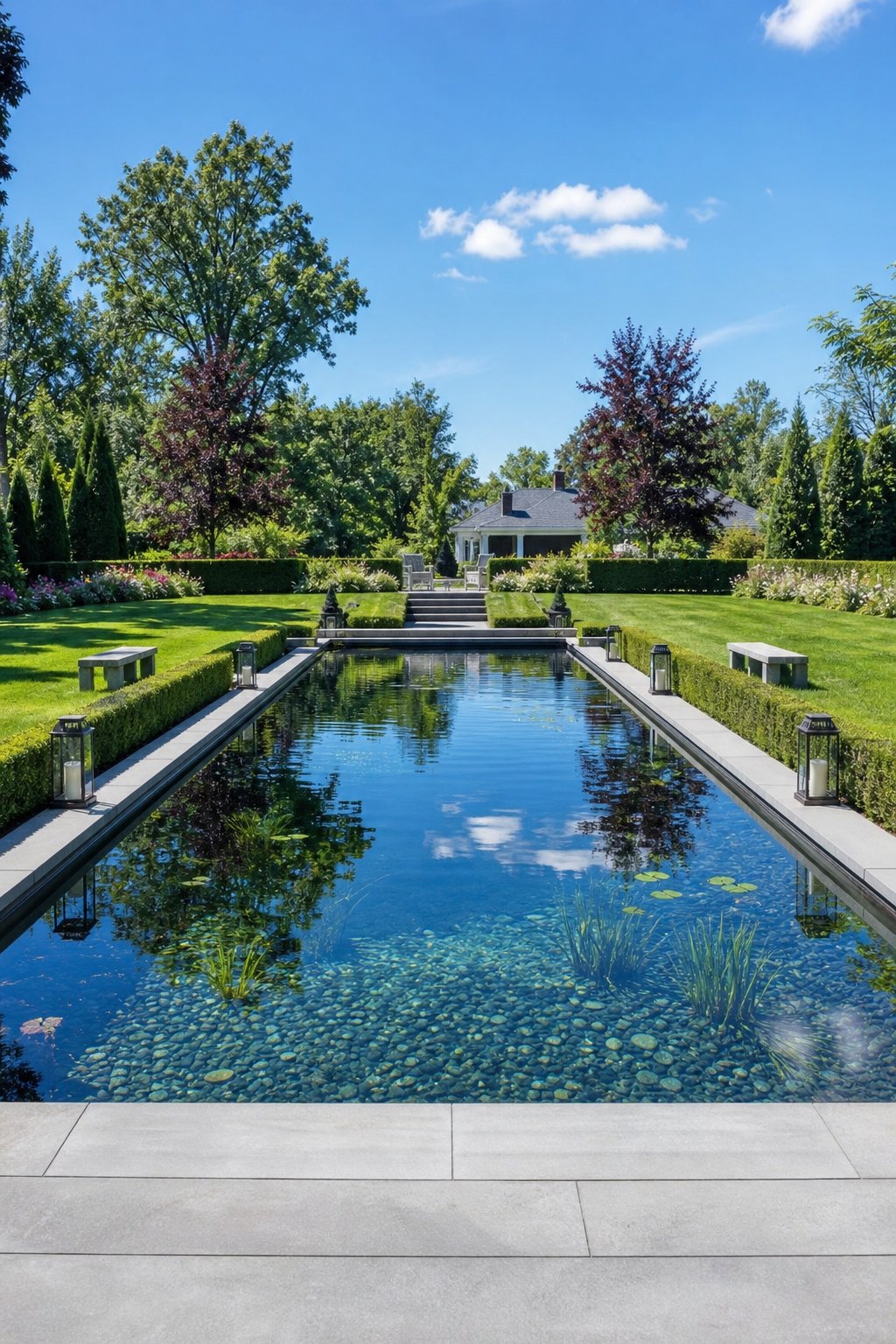 A large rectangular backyard pond with symmetrical stone borders surrounded by green grass and shrubs.