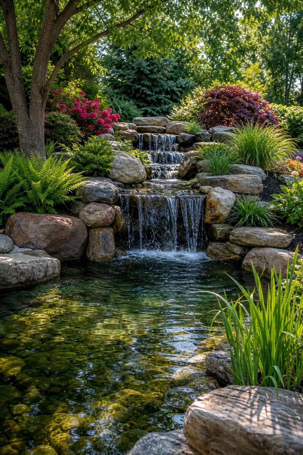 A small backyard pond with a waterfall surrounded by rocks and green plants under soft sunlight.