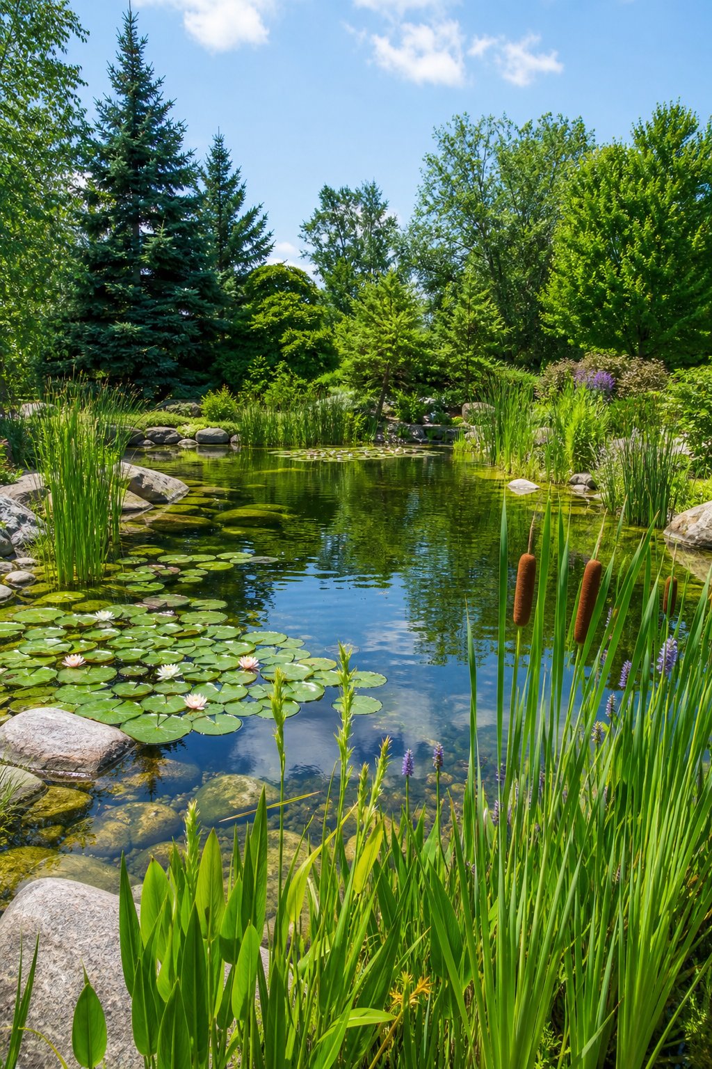 A large backyard pond surrounded by native aquatic plants and trees, with clear water and natural stone edges.
