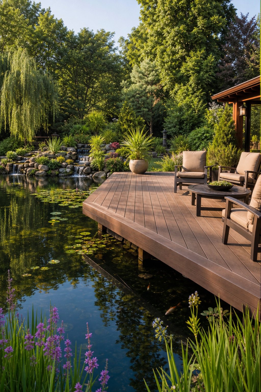 A large backyard pond with a timber or composite viewing deck surrounded by plants and outdoor seating.