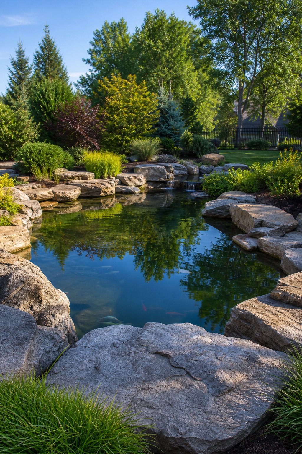A backyard pond surrounded by large rocks with flat boulders arranged as seating around the water.