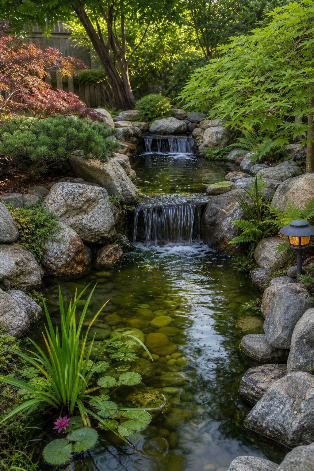 A backyard pond with an upper waterfall flowing into a lower basin surrounded by plants and rocks.