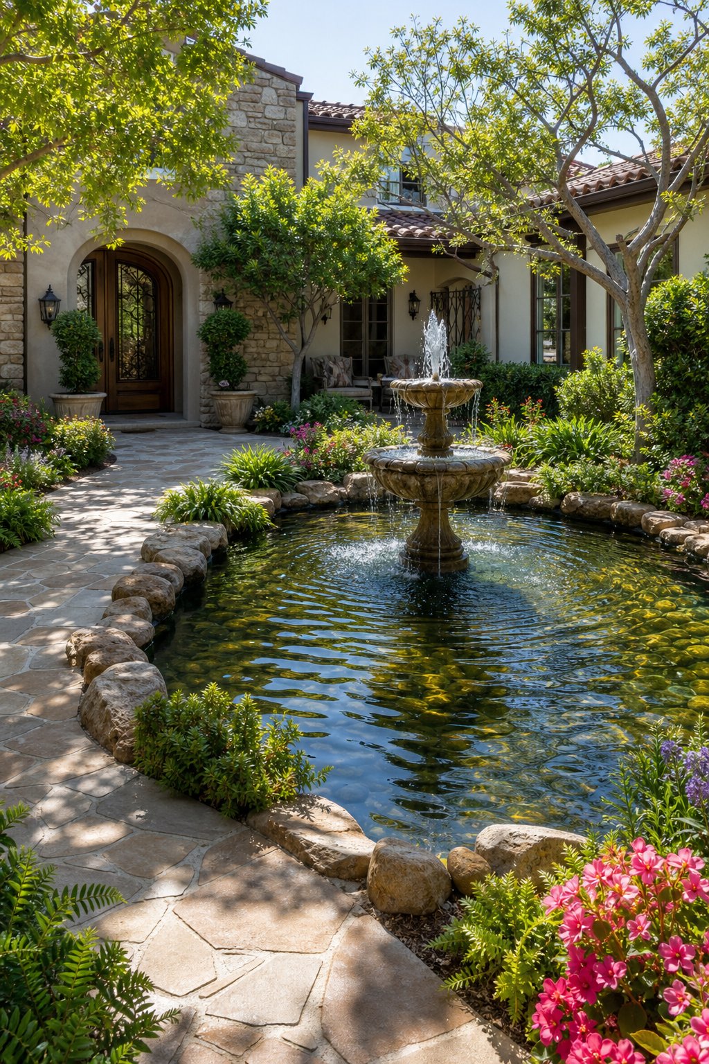 A large pond with a fountain in the middle, surrounded by grass, plants, and a stone pathway in a front yard.
