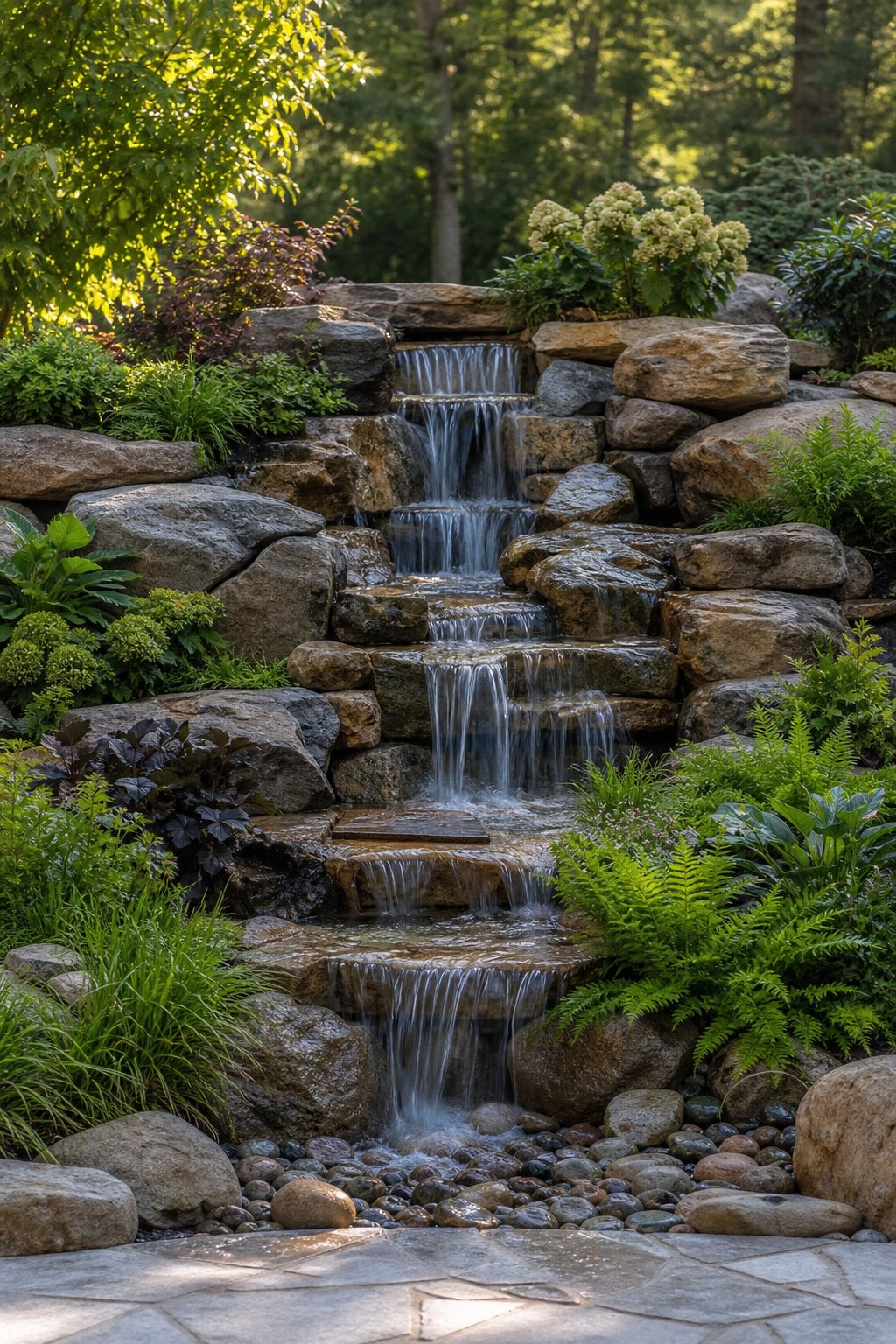 A backyard with a pondless waterfall flowing over rocks into a hidden water reservoir surrounded by plants and trees.
