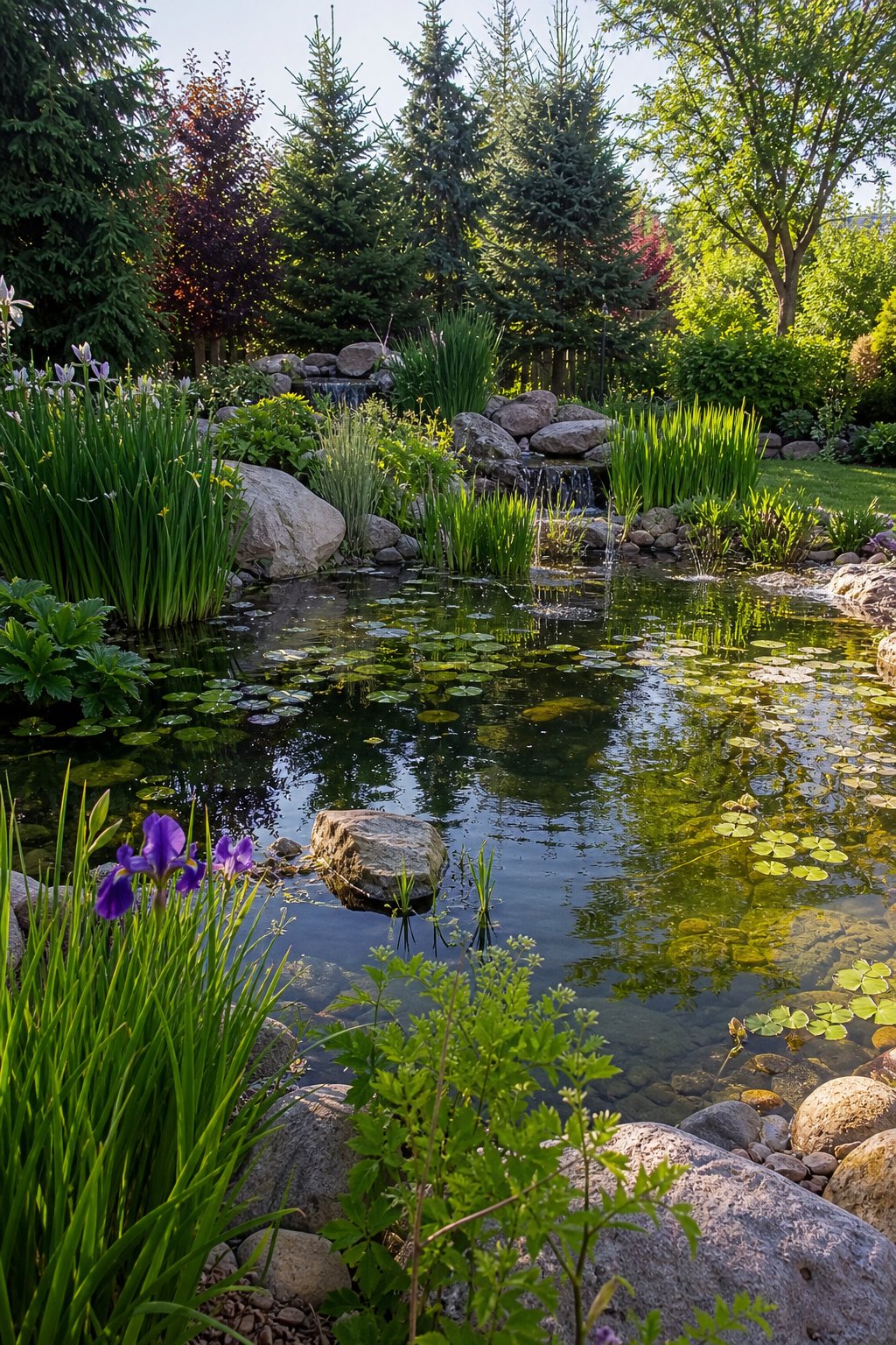 A large backyard pond with clear water surrounded by dense green plants and flowers in a natural garden setting.