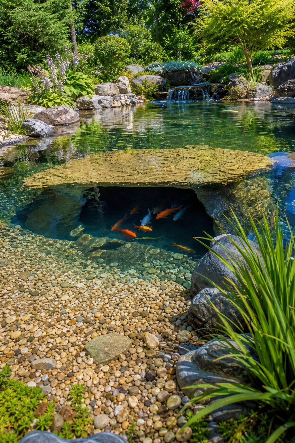A large backyard pond with clear water showing an underwater fish cave and a gravel beach entry surrounded by green plants.